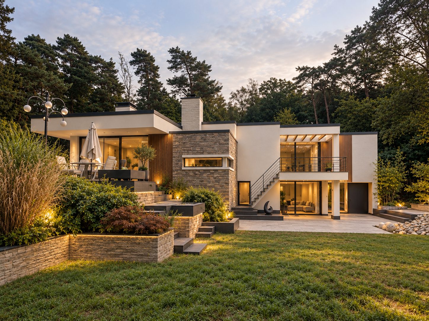 Villa met crepi, natuursteen en houtlook in het avondlicht